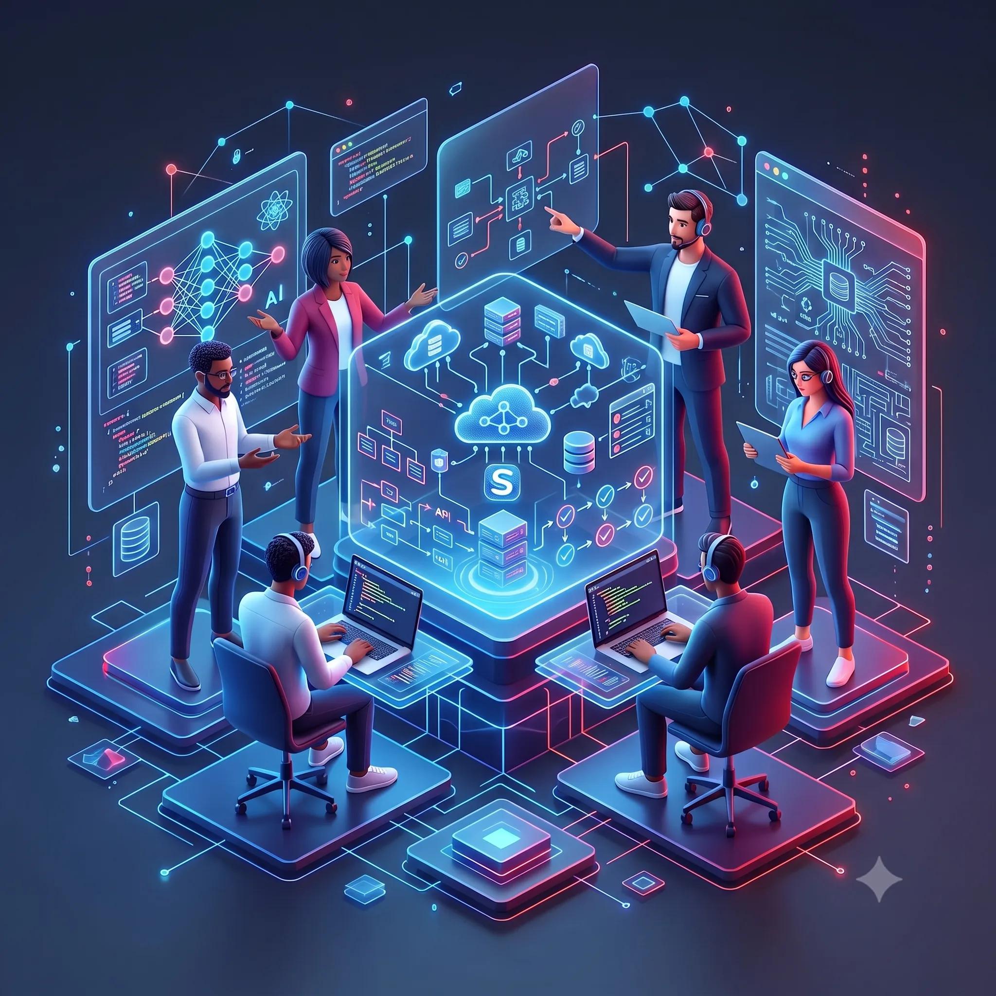NavikaTech engineers reviewing a system architecture diagram