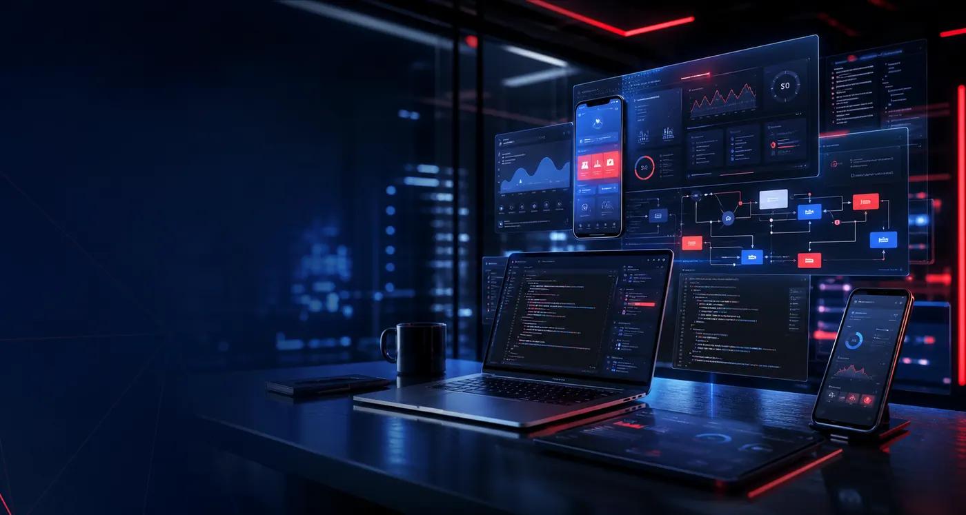 Futuristic software dashboards and app screens representing NavikaTech digital products